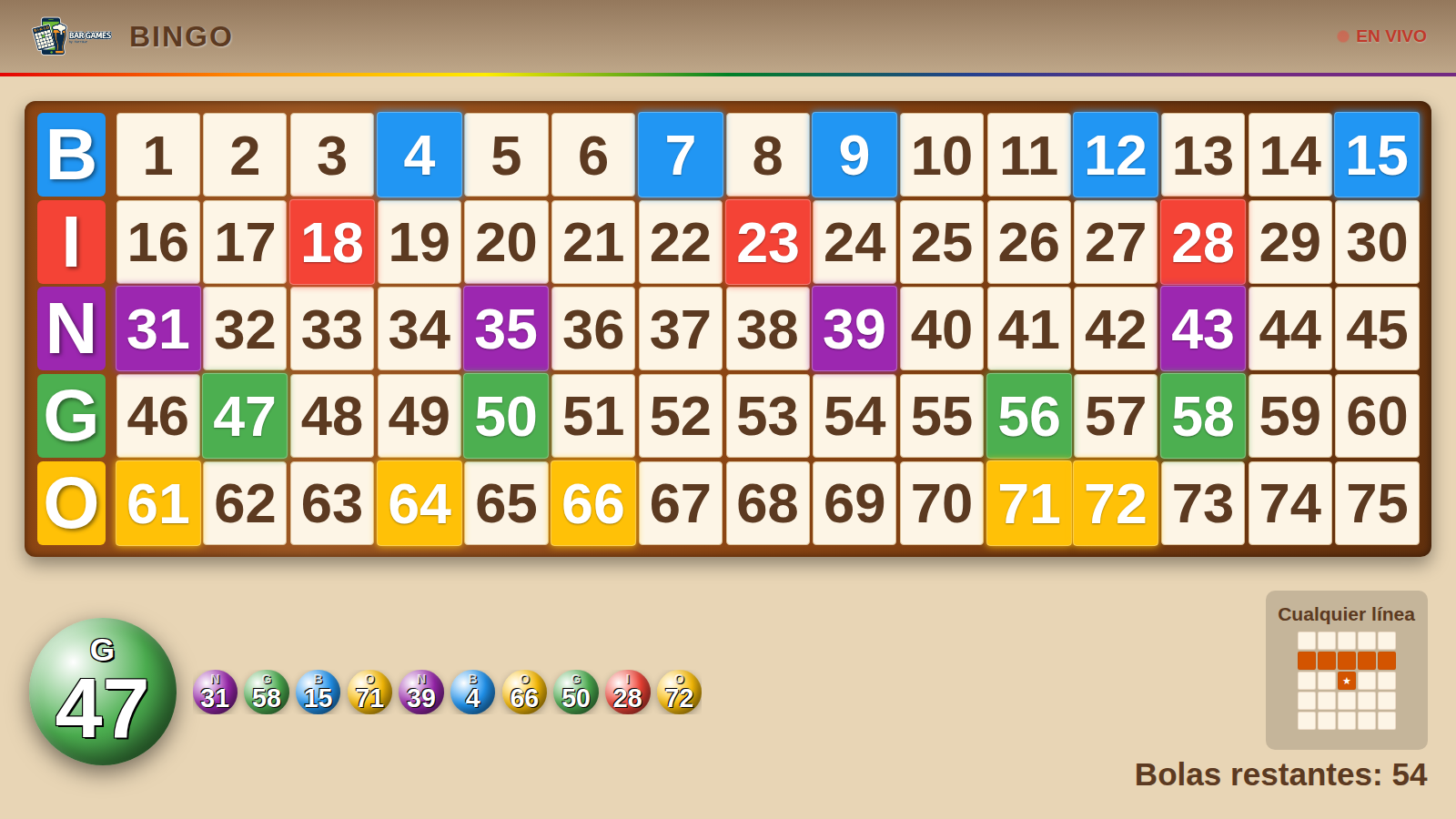 Pantalla de bingo de 75 bolas con el patrón ganador
