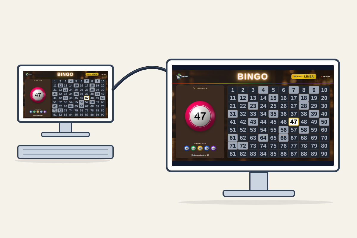 PC connected to a TV displaying the BarGames board in full-screen browser